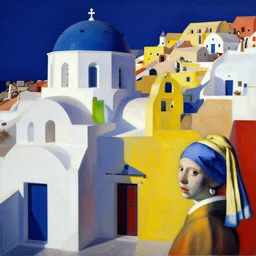 abstract houses like santorini by yves tanguy, antonio gaudi and vermeer, dramatic lighting, analogous complementary colour scheme, vivid colours
