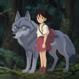 young girl on a gray wolf, in a dark forest, in ghibli style