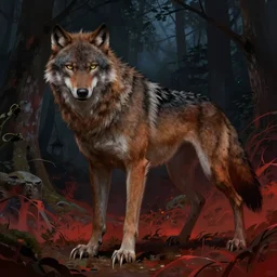 a young fit male werewolf with long claws in a dark forest at night, by greg rutkowski and alphonse mucha, gradient brown to red, highly detailed, digital painting, artstation, concept art, smooth, sharp focus illustration