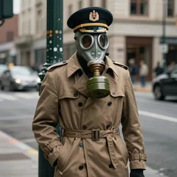 a trenchcoat soldier wearing a gasmask and officer hat, standing on street corner, gritty, noir s- 150