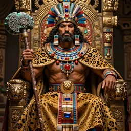 full figure, fantasy aztec king, jaguar cape and help, squared beard, far, richly dressed in cerimonial cloths, armed with an obsidian mace, character portrait, d & d, jeweled, aztech decorated throne background, hyper realistic, highly detailed by peter mohrbacher, wayne barlowe, boris vallejo, paolo eleuteri serpieri