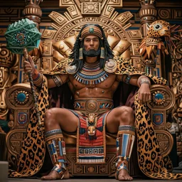 full figure, fantasy aztec king, jaguar cape and help, squared beard, far, richly dressed in cerimonial cloths, armed with an obsidian mace, character portrait, d & d, jeweled, aztech decorated throne background, hyper realistic, highly detailed by peter mohrbacher, wayne barlowe, boris vallejo, paolo eleuteri serpieri