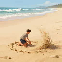 a full shot of a little man made of sand, slowly eroding due to wind, on huge beach, digital art by wlop, deviantart contest winner, fantasy art, digital illustration, digital painting, photoillustration