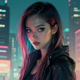 cyberpunk woman with long hair in a metropolis, high detail, curious eyes, blended shading, in the style of artgerm and bob ross and ruan jia, artstation, half body portrait