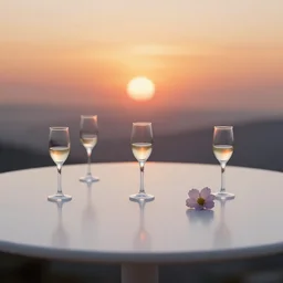 5 5 mm photo of thin small glass of wine with flower on a zen minimalist round white table with marmalade sunset in the background. highly detailed 8 k. intricate. lifelike. soft light,