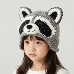 a crocheted raccoon hat with ear flaps, on a young girl, very detailed, animal hat, cute details, product photo, promotional image, sharp focus, studio lighting. fzd school of design