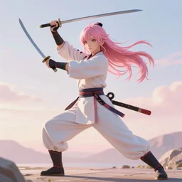 highly detailed beautiful photo of madison beer as a young female samurai, practising her sword staces, mid - actiln, full body in view, symmetrical face, beautiful eyes, pink hair, realistic anime art style, 8 k, award winning photo, pastels colours, action photography, 1 / 1 2 5 shutter speed, sunrise lighting