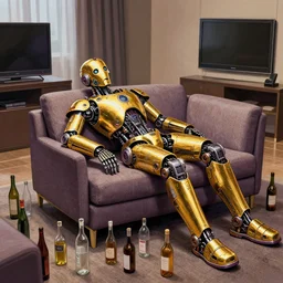 portrait photo of a shiny golden and purple metallic futuristic steampunk humanoid robot sleeping on a sofa in a modern hotel room, empty bottles all over the floor, broken tv monitor, robert crumb style, insanely detailed, wide shot