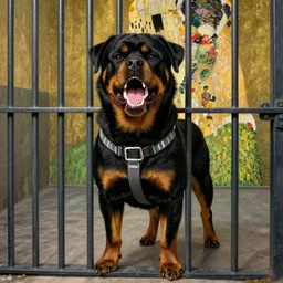anthropomorphic snarling rottweiler wearing a straightjacket in a prison cell, foaming, bars, tooth wu, greg rutkowski and alphonse mucha by klimt, wlop