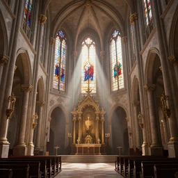 3 d game cg, interior hall of a baroque church, the sun shines through the stained glass, god rays. unreal engine, 4 k, game cg, by wlop, tooth wu, greg rutkowski, beeple, hyperdetailed, 4 k