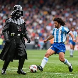 Maradona scores penalty kick on Darth Vader, highly detailed