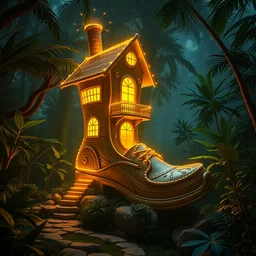 a three story glowing house made of a fancy boot in the jungle