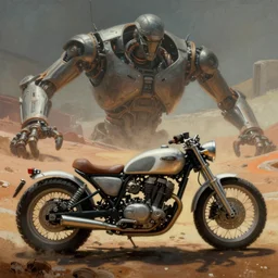 cinematic moebius and ralph mcquarrie style retro motorbike motorcycle futuristic sci - fi painting, pulp sci - fi, star wars dune, the incal