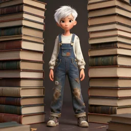 full body pose, beautiful adult library fairy, pixar, short white hair buzzed sides, dirty, grungy, grunge, long sleeve, painted overalls, stacks of giant books, highly detailed, 4 k, hdr, smooth, sharp focus, high resolution, award - winning photo, artgerm, photorealistic