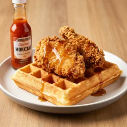 dslr food photograph of a belgian waffle with fried chicken on top drizzled with maple syrup and a bottle of hot sauce on the side, 8 5 mm f 1. 8