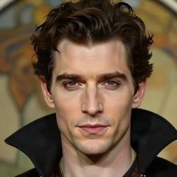 realistic detailed head and shoulders portrait of vampire henry cavill by alphonse mucha, ayami kojima, amano, greg hildebrandt, and mark brooks, male, art nouveau, neo - gothic, gothic