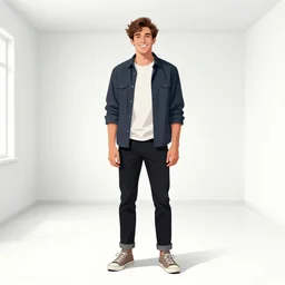 aesthetic digital illustration of a handsome grinning young man standing in an empty white room by brian bolland, rachel birkett, alex ross, and neal adams | dark, scary, character concept, concept art, unreal engine, finalrender, centered, deviantart, artgerm