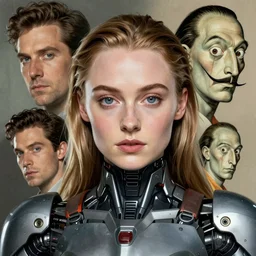Sophie Turner as a cyborg mecha queen, face portrait by Ross Tran and Angel Ganev and Salvador Dali, highly detailed, trending on artstationhq