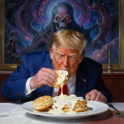 donald trump eating buttermilk biscuits and white gravy, cosmic horror painting, elegant intricate digital painting artstation concept art by mark brooks and brad kunkle detailed