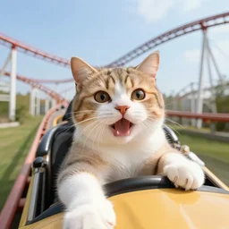 selfie of an excited cat riding a roller - coaster