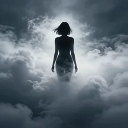 a female silhouette disappears into a quantum cloud