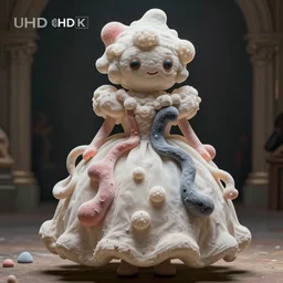 absurdist wiggly blob in a dress, highly detailed, cam de leon & john j. park, cinematic light, miura kentaro, medium shot, ground angle, uhd 8 k, shallow depth of field