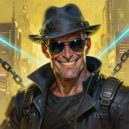 an intimate portrait of a gnarly human cyberpunk captain, old skin, faded hat, charming, strong leader, sunglasses, reflective, a look of cunning, big smile, detailed matte fantasy painting, golden cityscape, lasers, chains, sparks, yellow and blue and cyan