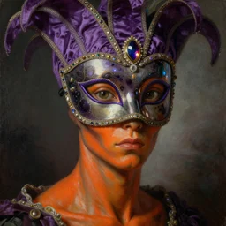 a baroque neoclassicist close - up portrait of a colorful alien being gazing intensely with orange skin, big eyes, wearing a purple retrofuturistic venetian carnival mask with iridescent jewels and silk. head, face and shoulders, foggy background. renaissance portrait painting. highly detailed science fiction painting by norman rockwell, frank frazetta, syd mead and moebius. rich colors, high contrast, gloomy atmosphere, dark background. trending on artstation.