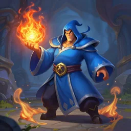 Who : a mage with a blue robe casting a fire ball ; Body type : largehipstinywaist ; IMPORTANT : Hearthstone official splash art, award winning, trending