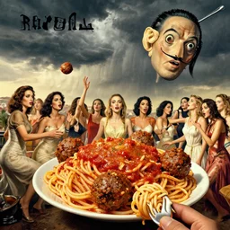 a giant mess of women bodies with spaghetti bolognesa and meatballs flying in the stormy sky by dali