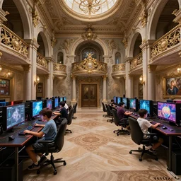 1 7 0 0 s, rococo, two boys playing game at a spacious gaming room with their hi - tech gaming setup, intricate, highly detailed, spacious, indoor, architecture, art by filip hodas and artgerm