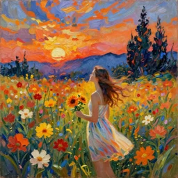 Fair skinned young woman, large field, flowers, beautiful, art, 8k, sunset, skyline, young woman in a summer dress, facing towards sky, wind, trees in background, picking flowers, summer night, dynamic lighting, Vincent van Gogh oil painting, off center, large brush strokes, post impressionism, orange, yellow, red, blues, fine art, girl holding flowers and looking in distance