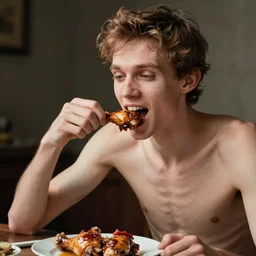 a very skinny man feasting on chicken drumsticks