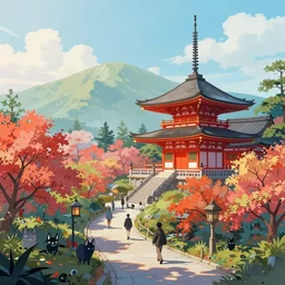 a japanese temple in the mountain. gorgeous nature. yokai walking around, lofi, vivid colors, amazing light, by jeremy lipkin, by claude monet, heavily inspired by makoto shinkai, kandinsky touches, inspired by ghibli, masterpiece, multiple brush strokes, impressionist style, high contrast