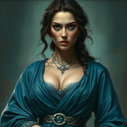 portrait of salma hayek as a surly and determined beautiful medieval sorceress clothed in blue silk robe and silver metal belt, neutral expression, by greg rutkowski and john collier and krenz cushart and artem demura and alphonse mucha and albert aublet, as seen on artstation, 4 k, dungeons and dragons, very aesthetic, very detailed, intricate, unreal, fantasy, dramatic, painterly, artstation, sharp focus, smooth