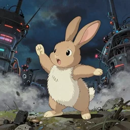 a lop rabbit, standing up, in a cyberpunk tempest, by studio ghibli painting, by Joaquin Sorolla rhads Leyendecker, An aesthetically pleasing, dynamic, energetic, lively, well-designed digital art,by Susan Windsor, by Ohara Koson and Thomas Kinkade, traditional Japanese colors, superior quality, masterpiece