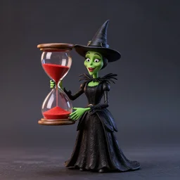 A Tim Burton style claymation figurine of Wicked Witch from the movie “the Wizard of Oz“, Green skin, black dress, black pointed hat, holding a large hourglass of red sand, detailed render, 4K, UHD, side lighting