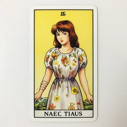 a tarot card with a woman in a flower dress, a character portrait by naoko takeuchi, deviantart, art nouveau, tarot card, rococo, sharp focus, smooth, crisp lines, detailed, elegant, simple colors, official art