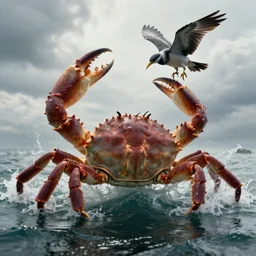 enormous crab claw emerging from the water and snatching a bird out of the air, intense fantasy atmospheric lighting, hyperrealistic