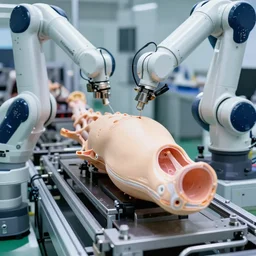 a close up of a production line of human body parts, high tech environment, robotic devices, color photo