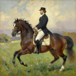 An impressionist oil painting of Carl Bildt riding a horse