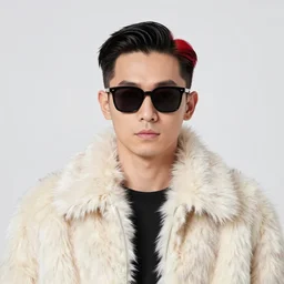 adult man ; slicked back short black hair red streaks ; bright colours ; wearing sunglasses glasses ; wearing lined fur jacket ; face scars ; drawn by mengo yokoyari ; digital art ; high detail ; trending on artstation ; anime key visual