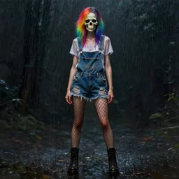 full body pose, hyperrealistic mixed media painting of a skull woman with rainbow hair, soft eyes and narrow chin, dainty figure, torn overalls, short shorts, combat boots, fishnet stockings, wet tshirt, wet, raining, dim volumetric lighting, 8 k octane beautifully detailed render, post - processing, portrait, extremely hyper - detailed, intricate, epic composition, cinematic lighting, masterpiece, trending on artstation, very very detailed, masterpiece, stunning,