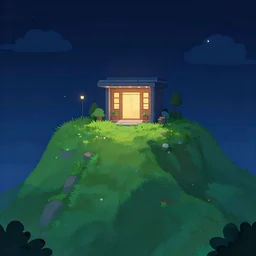 modern building entrance on top of a grass mountain at night, artstation, 2d platform game background, by Quentin Regnes