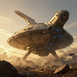 gigantic crashed alien spaceship, sci-fi Hollywood concept art, golden hour