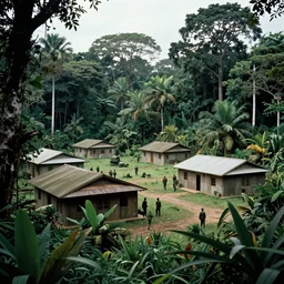 military bases in the jungle, wide shot, grainy, saturated, 1 9 8 7, by drew struzan