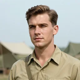 a color photograph of a very handsome young man in the 1 9 5 0 s, he is at camp