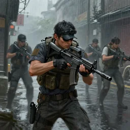digital painting of of chinese swat at street during rain, in counter - strike online, l by 司 机, 橡 树 山 雨, 黄 凤 年 啊, ruo xin, rongzhen luo, fenghua zhong, ruan jia. fine details, trending on artstation.