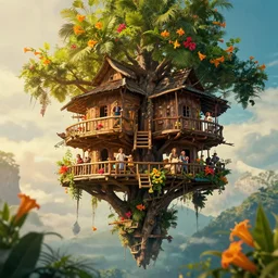 live action cinematic version of swiss family robinson where gravity doesn't exist, robinson family treehouse on a floating island, volumetric lighting, blooming tropical flowers and datura, cinematic