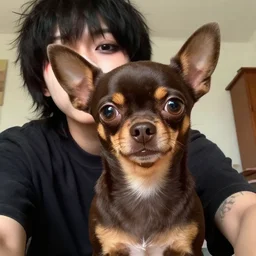 a dark brown chihuahua, hyper detailed, in the style of junji ito and and junji ito and junji ito, selfie